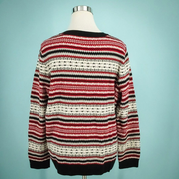 Talbots Plus Size 1X Red Black Nordic Fair Isle Crew Wool Blend Cardigan Sweater - Picture 2 of 5